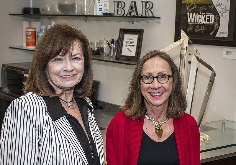 “Curtain Call” chairwoman Gayla Jungmeyer (left) and silent auction chairwoman Kathleen Kennally wait by the Argenta Community Theater bar for the Arkansas Enterprises for the Developmentally Disabled fundraiser’s return after a year off because of the pandemic.
(Arkansas Democrat-Gazette/Cary Jenkins)