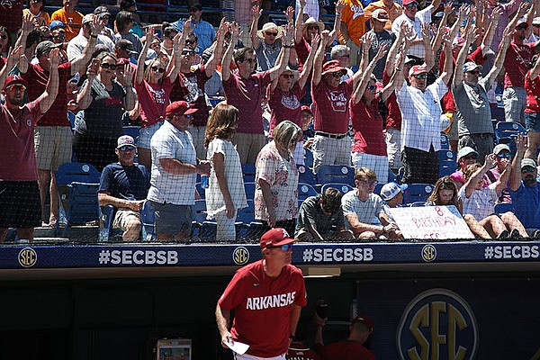 Arkansas fans call the hogs as coach Dave Van Horn prepares to take the field prior to an SEC Tournament championship game against Tennessee on Sunday, May 30, 2021, in Hoover, Ala. (SEC pool photo)