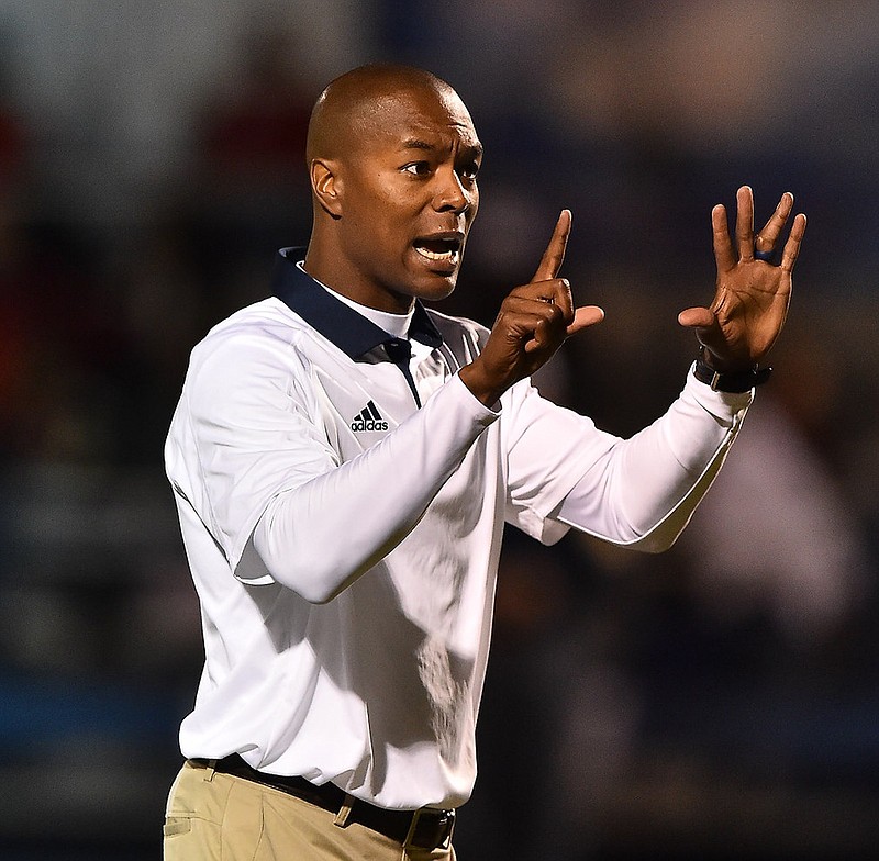 Pulaski Academy wide receivers coach Anthony Lucas during warm-ups before playing Magnolia on Friday night at Joe B. Hatcher stadium in Little Rock...Special to the Democrat-Gazette/JIMMY JONES