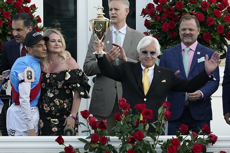 Trainer Bob Baffert, shown after his horse Medina Spirit won the Kentucky Derby on May 1, received a two-year suspension from Churchill Downs on Wednesday after a second drug test of the colt confirmed the presence of the banned steroid betamethasone.
(AP/Jeff Roberson)