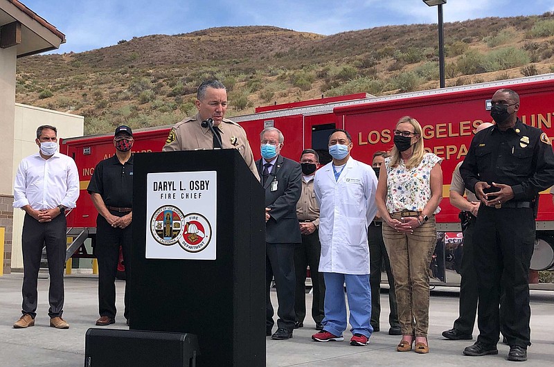 Los Angeles County Sheriff Alex Villanueva talks Tuesday about this week’s shooting at a small fire station in Santa Clarita, Calif.
(AP/Stefanie Dazio)