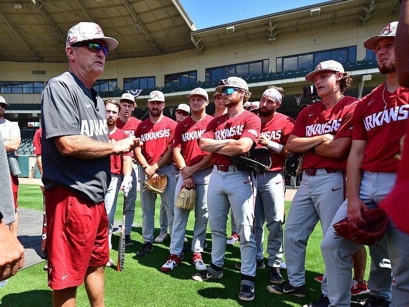 Arkansas Coach Dave Van Horn talks to his players after a workout at Baum-Walker Stadium in Fayetteville on Thursday. The Razorbacks, the No. 1 national seed, open the NCAA Fayetteville Regional on the same field today against NJIT, which is making its NCAA debut.
(University of Arkansas/Walt Beazley)