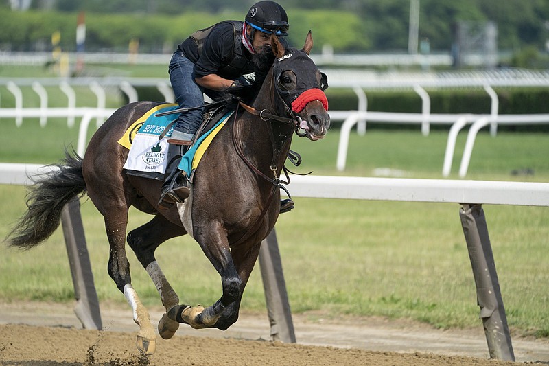 Belmont Stakes entrant Hot Rod Charlie takes a training run Wednesday on the main track ahead of the 153rd running of the Belmont Stakes at Belmont Park in Elmont, N.Y. Hot Rod Charlie, co-owned by trainer Doug O’Neill’s nephew Patrick, is competing in memory of Jake Panus, a 16-year-old who died in a car crash in August.
(AP/John Minchillo)