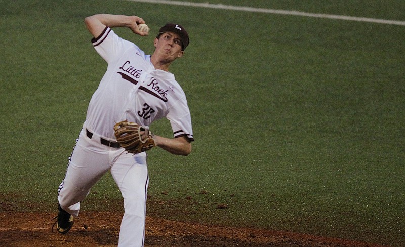 Hayden Arnold (30) throws a pitch for the University of Arkansas at Little Rock at Gary Hogan Field in Little Rock in this May 2018 file photo. (Arkansas Democrat-Gazette file photo)