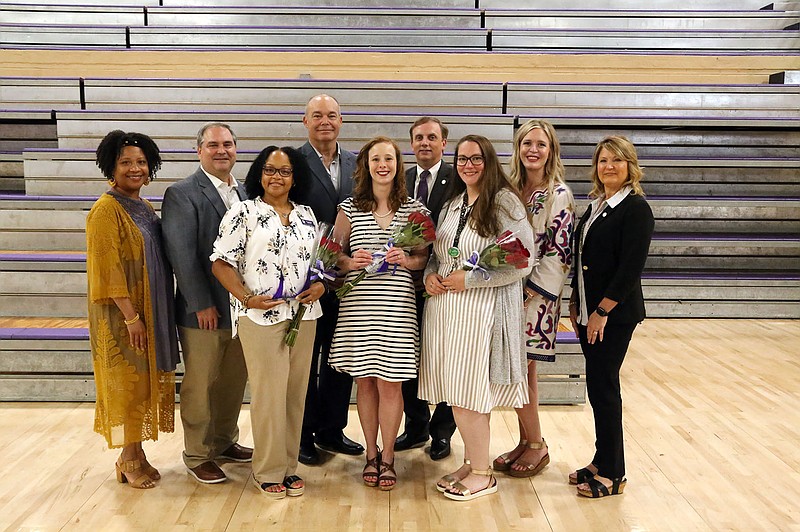 In this group photo, the Outstanding Award Winners are front row, left to right: Calandra Brown, Clair Antoon and Leah Barbarotto. Back row, presenters at the event included, left to right: Mayor Veronica Smith-Creer, Roger Landes of Murphy Oil, Don Miller of Murphy USA, Rep. Matthew Shepherd, Courtney Crotty of Murphy USA and Rep. Sonia Barker. The El Dorado Education Foundation held the teacher excellence awards on Thursday. (Photo courtesy Heath Waldrop)