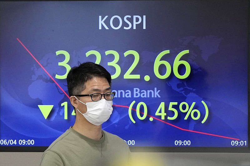 A currency trader walks by the screen showing the Korea Composite Stock Price Index on Friday in Seoul, South Korea. Asian shares mostly slipped Friday, dragged lower by Thursday's decline in technology stocks on Wall Street.
(AP/Lee Jin-man)