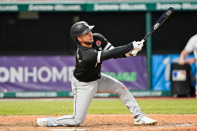 Chicago White Sox’s Nick Madrigal strikes out swinging in the seventh inning of the second baseball game of a doubleheader against the Cleveland Indians, Monday, May 31, in Cleveland. (Associated Press)