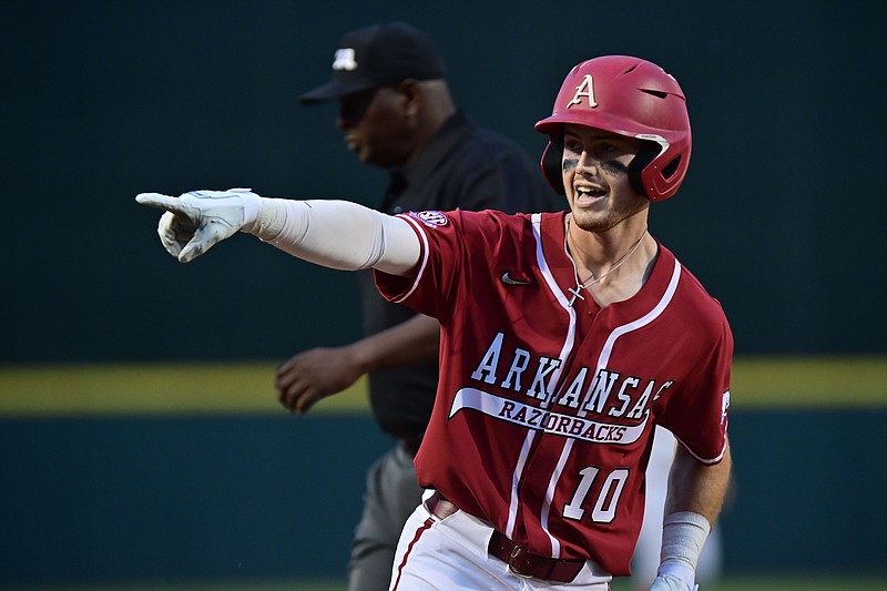 Matt Goodheart points to the Arkansas dugout during Arkansas' game against Nebraska at Baum-Walker Stadium on Saturday, June 5, 2021 in Fayetteville. Picture courtesy SEC Media Pool and Walt Beazley.