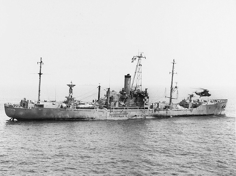 The U.S. Navy electronic reconnaissance gathering ship USS Liberty receives assistance from units of the U.S. Sixth Fleet after she was attacked and seriously damaged by Israeli forces off the Sinai Peninsula on June 8, 1967.
(U.S. Navy file photo)