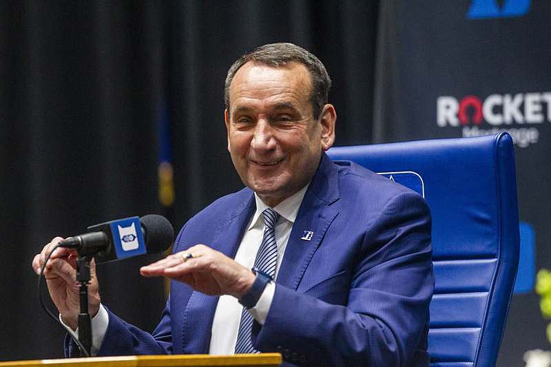 Duke University basketball coach Mike Krzyzewski speaks during an NCAA college basketball news conference Thursday in Durham, N.C. Krzyzewski, the winningest coach in the history of Division I men’s college basketball announced that next season will be his last with the Blue Devils. The school named former Duke player and associate head coach Jon Scheyer as his successor for the 2022-23 season. (Travis Long/The News & Observer via AP)