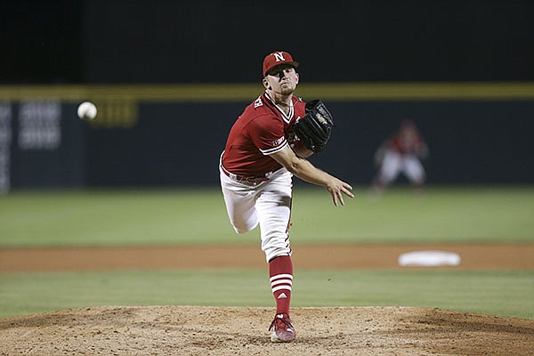 Nebraska pitcher Spencer Schwellenbach throws during an NCAA regional game against Arkansas on Sunday, June 6, 2021, in Fayetteville. Nebraska pitcher Spencer Schwellenbach throws during an NCAA regional game against Arkansas on Sunday, June 6, 2021, in Fayetteville.