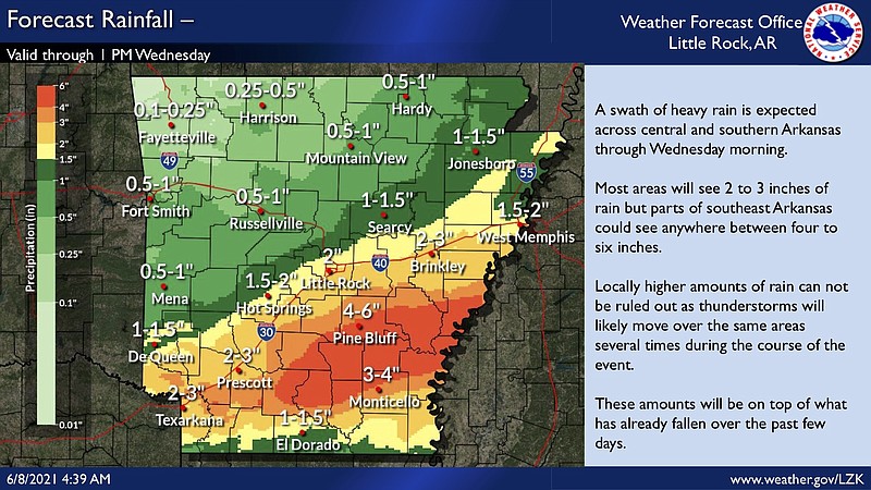 As much as 6 inches of rain is predicted to fall in parts of Arkansas through Wednesday, this National Weather Service graphic shows.