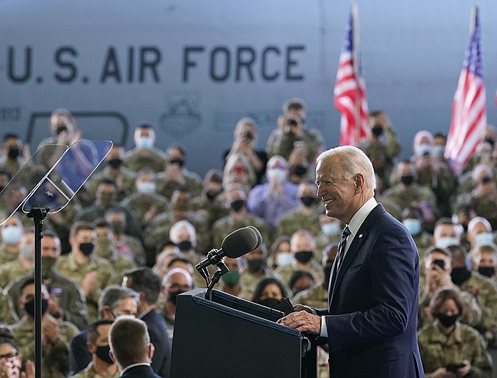 “We’re going to make it clear that the United States is back and democracies are standing together to tackle the toughest challenges and issues that matter the most to our future,” President Joe Biden told American service members Wednesday at Royal Air Force Mildenhall in Suffolk, England.
(AP/Patrick Semansky)