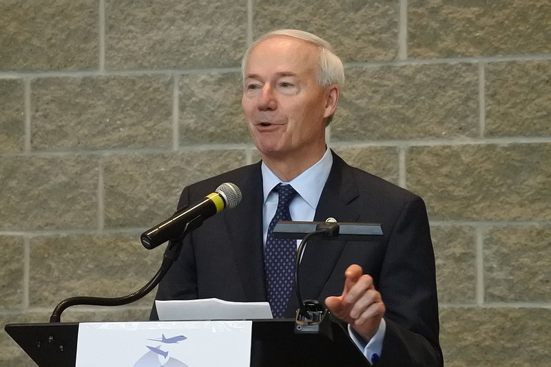 Gov. Asa Hutchinson delivers the keynote address for the Mid-America Aerospace and Defense Summit at the Fort Smith Convention Center in this Wednesday, June 9, 2021, file photo. (NWA Democrat-Gazette/Thomas Saccente)