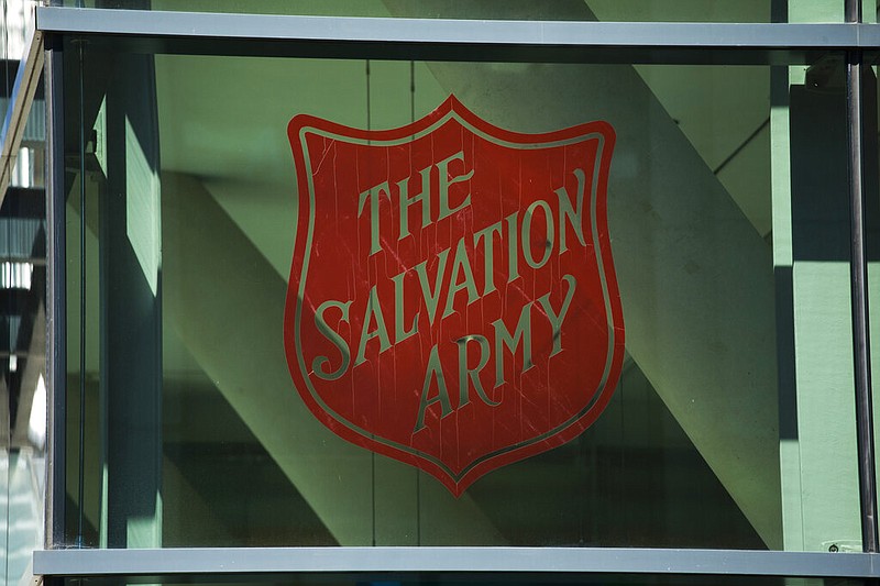 An exterior view shows the Salvation Army logo on the facade of the Salvation Army International headquarters building in London in this June 30, 2015, file photo. (AP/Matt Dunham)