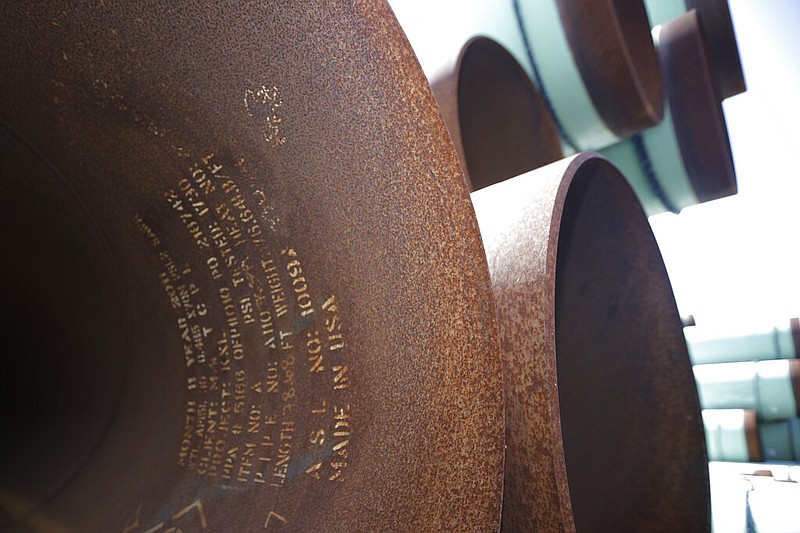 Some of more than 350 miles of pipe awaiting shipment for the Keystone XL oil pipeline is stored at Welspun Tubular in Little Rock in this Aug. 20, 2014, file photo. (AP/Danny Johnston)