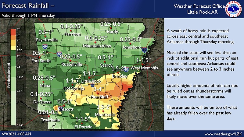 As much as 3 inches of rain is expected in some parts of Arkansas through Thursday morning, according to a Wednesday morning briefing from the National Weather Service. (National Weather Service)