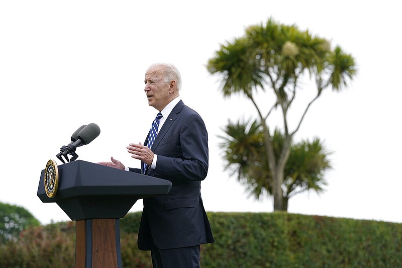 President Joe Biden speaks about his administration's global covid-19 vaccination efforts ahead of the G-7 summit, Thursday, June 10, 2021, in St. Ives, England. (AP/Patrick Semansky)