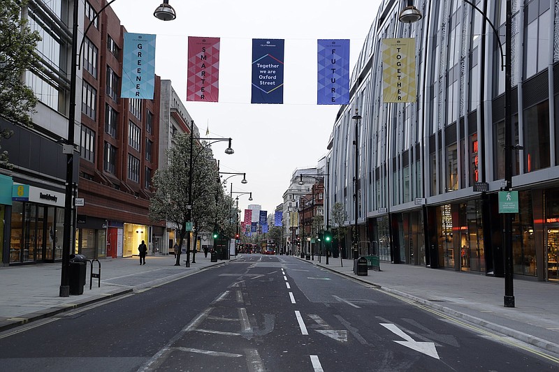 Oxford Street in London is quiet on a morning in April before the shops open. Though most sectors of the U.K. economy have reopened, there are fears that a virus surge will delay the next phase.
(AP)