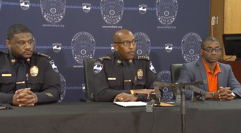 Savannah, Ga., Police Chief Roy Minter holds a news conference on Saturday, June 12, 2021 in Savannah. Officials say a 20-year-old was killed by gunfire in a mass shooting that also injured eight others, including an 18-month-old toddler and a 13-year-old, late Friday at an apartment complex. The other people in the photo are unidentified. (WSAV via AP)