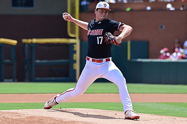 North Carolina State pitcher Sam Highfill throws during an NCAA super regional game against Arkansas on Saturday, June 12, 2021, in Fayetteville.