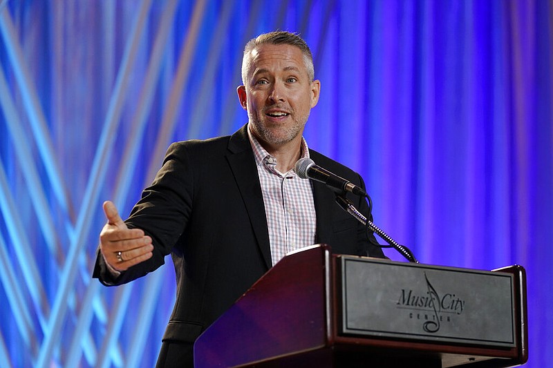 Southern Baptist Convention President J.D. Greear speaks during the executive committee plenary session at the annual Southern Baptist Convention meeting Monday, June 14, 2021, in Nashville, Tenn. (AP Photo/Mark Humphrey)