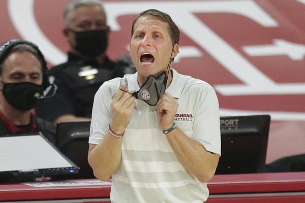 Arkansas head coach Eric Musselman reacts, Saturday, January 9, 2021 during the second half of a basketball game at Bud Walton Arena in Fayetteville.