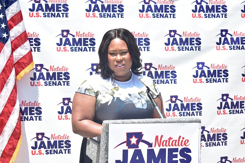 U.S. Senate candidate Natalie James, a Democrat from Little Rock, speaks at a campaign stop Wednesday outside the Pine Bluff Convention Center. 
(Pine Bluff Commercial/I.C. Murrell)