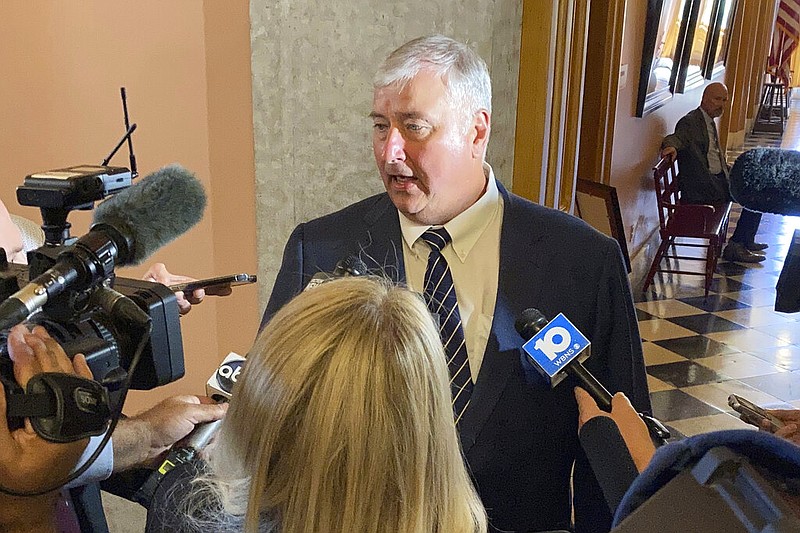 Former Ohio House Speaker Larry Householder, R-Zanesville, speaks to the media immediately after his expulsion from the Ohio House on Wednesday, June 16, 2021, in Columbus. Householder is accused of taking money from a utility in exchange for orchestrating a multi-million dollar scheme to get him elected as speaker. He has pleaded innocent. (AP/Andrew Welsh-Huggins)