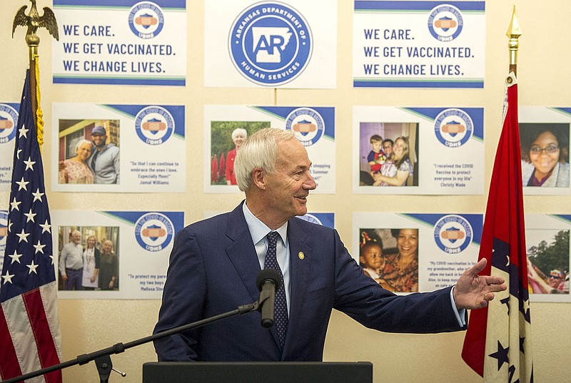 Governor Hutchinson addresses the media and members of the Department of Human Services during his weekly covid-19 update on Tuesday, June 15, 2021. Hutchinson also discussed the new ARHOME initiative. (Arkansas Democrat-Gazette/Stephen Swofford)