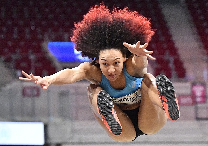 Former Arkansas Razorback Taliyah Brooks, shown competing at a German indoor meet in January, will compete in the heptathlon and the 100-meter hurdles at the U.S. Olympic track and field trials, which begin today in Eugene, Ore.
(AP/Martin Meissner)