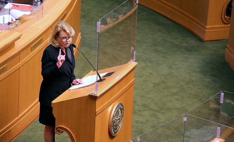 State Rep. Robin Lundstrum, R-Elm Springs, presents House Bill 1570 to override Gov. Asa Hutchinson's veto of banning gender-affirming care for transgender minors during the House session on Tuesday, April 6, 2021, at the state Capitol in Little Rock. (Arkansas Democrat-Gazette/Thomas Metthe)