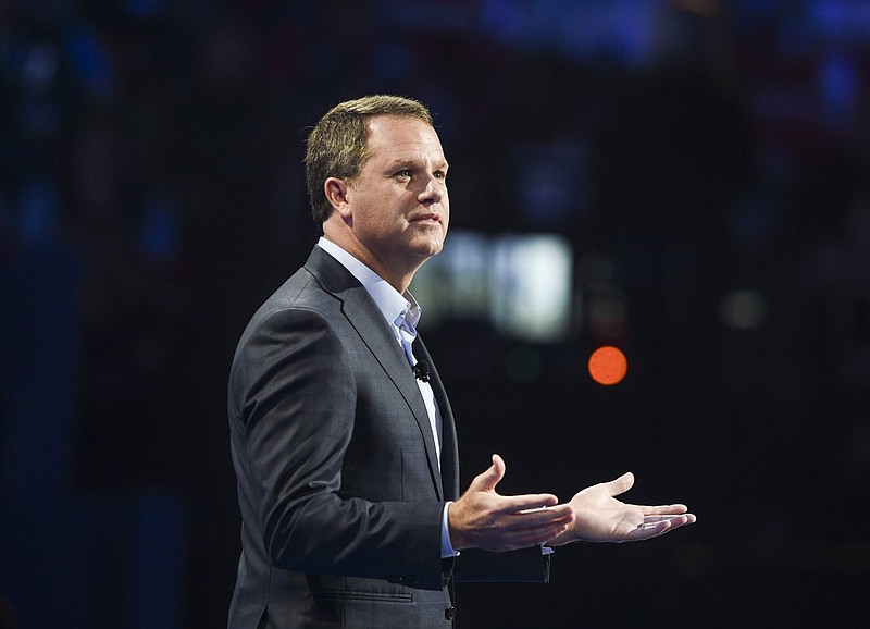 President and CEO, Walmart Doug McMillon speaks during the Walmart shareholders meeting, Friday, June 7, 2019 at the Bud Walton Arena in Fayetteville. 
(NWA Democrat-Gazette/CHARLIE KAIJO)