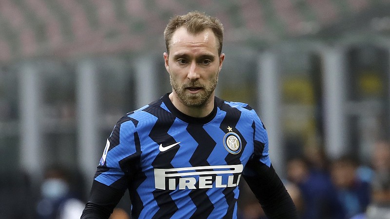 Inter Milan's Christian Eriksen controls the ball during a Serie A soccer match between Inter Milan and Cagliari at the San Siro stadium in Milan, Italy, Sunday, April 11, 2021. (AP Photo/Luca Bruno)