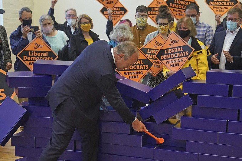 Liberal Democrat leader Ed Davey attends a victory rally Friday in Chesham, England, after his party’s candidate won a seat long held by the Conservative Party.
(AP/PA/Steve Parsons)