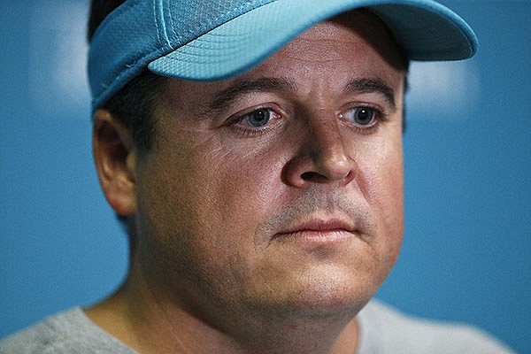 Miami Dolphin's offensive coordinator Dowell Loggains, speaks during a news conference at the NFL football team's training camp, Wednesday, June 6, 2018, in Davie, Fla. (AP Photo/Brynn Anderson)