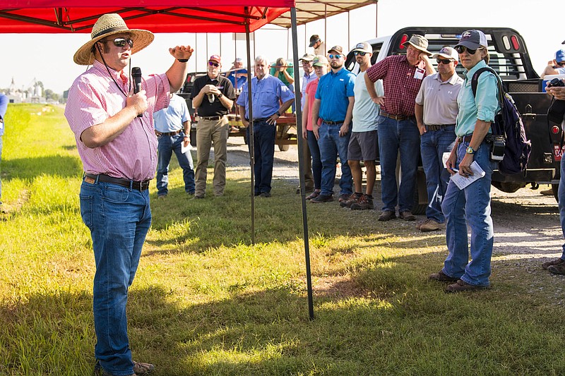 Trent Roberts, Ph.D, discusses soil fertility in rice. Division of Agriculture soybean and crop management research was on display Aug. 2, 2019, during a field day at the Rice Research and Extension Center near Stuttgart. 
(Special to The Commercial/U of A System Division of Agriculture)