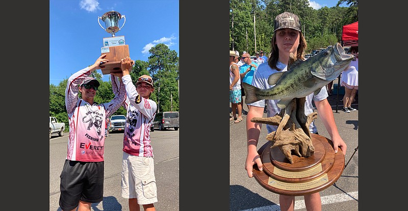 (Left photo) Skyler Upton (left) and Brayden Stewart of Benton won the third annual Commissioner’s Cup Invitational high school bass fishing tournament Saturday at Lake Ouachita with 13.99 pounds. (Right photo) Xander Ray Cobb of Hot Springs won the Big Bass Award at the third annual Commissioner’s Cup by catching a 4.05-pound largemouth bass at Lake Ouachita.
(Arkansas Democrat-Gazette/Bryan Hendricks)