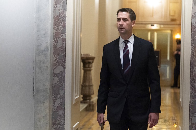 Sen. Tom Cotton, shown walking in the Senate on Tuesday before a vote, said Friday in a speech to the National Press Club that the United States needs “more space in our prisons to keep our innocent citizens safe.”
(AP/Alex Brandon)