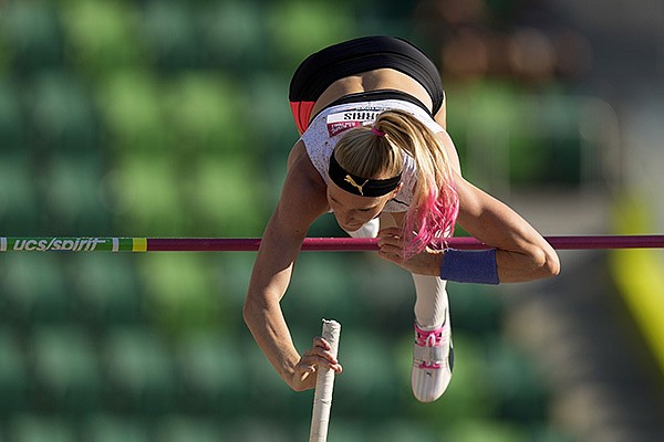 Sandi Morris competes during the finals of the women's pole vault at the U.S. Olympic Track and Field Trials Saturday, June 26, 2021, in Eugene, Ore. (AP Photo/Charlie Riedel)