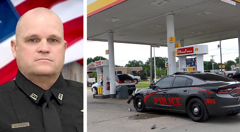 Pea Ridge police officer Kevin Apple is shown in a file photo next to a Pea Ridge Police Department patrol car at the White Oak gas station in Pea Ridge on Saturday, June 26. Apple was struck and killed by a vehicle at the gas station that later fled the scene. (Submitted photo, left / NWA Democrat-Gazette/Annette Beard, right)