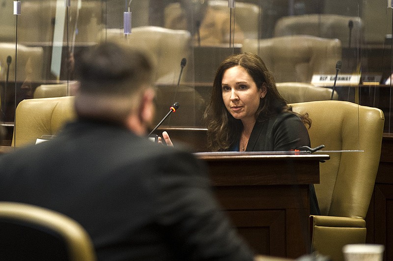 Representative Ashley Hudson questions Senator Ballinger during a discussion in the House Judiciary Committee of a senate "stand your ground" bill that would remove the requirement to retreat before using deadly force in self defense, on Tuesday, Feb. 2, 2021. See more photos at a Arkansasonline.com/23bill/..(Arkansas Democrat-Gazette/Stephen Swofford)