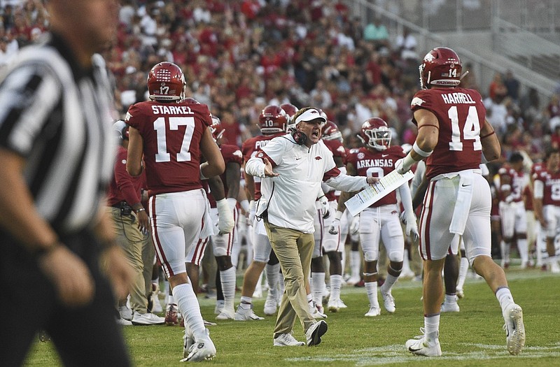 Then-Arkansas Razorbacks head football coach Chad Morris reacts during the first quarter of a football game at Donald W. Reynolds Razorback Stadium in Fayetteville in this Sept. 21, 2019, file photo. (NWA Democrat-Gazette/Charlie Kaijo)