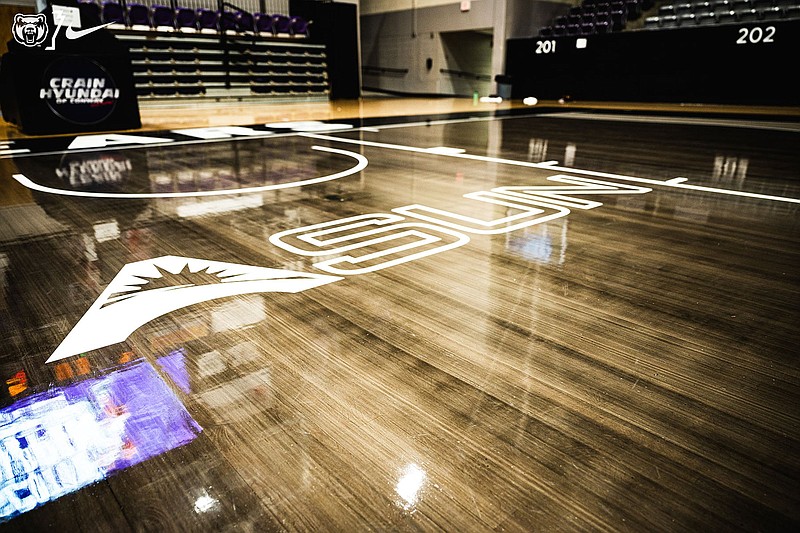 The Atlantic Sun Conference logo is displayed on the basketball court at the University of Central Arkansas’ Farris Center in Conway. Today marks UCA’s first day as a member of the conference.
(Photo courtesy of the University of Central Arkansas)