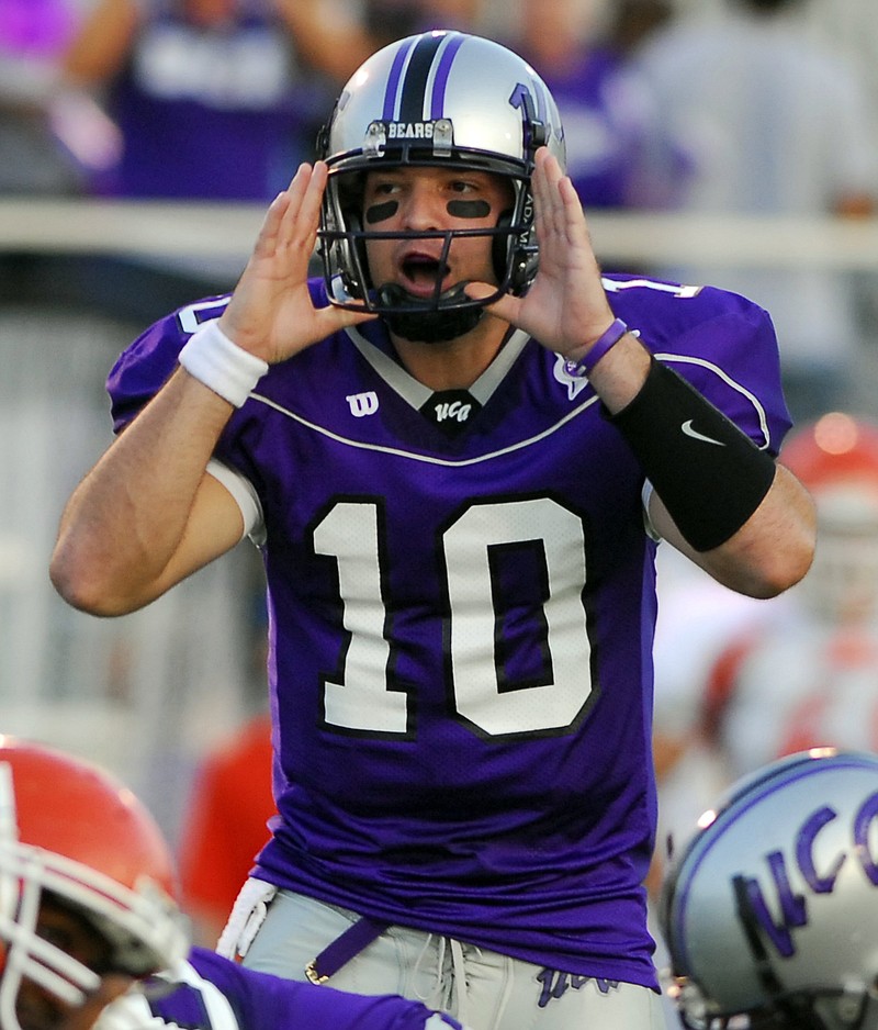 Nathan Brown passed for 3,206 yards and 21 touchdowns for Central Arkansas in 2008, when the Bears finished with the best record in the Southland Conference. But UCA was still in transition to NCAA Division I, which prevented it from claiming the conference championship. Brown is now the Bears’ head coach.
(Democrat-Gazette file photo)