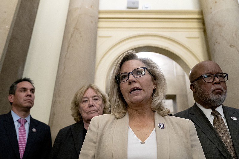 Rep. Liz Cheney, standing Thursday with fellow members of the select committee named to investigate the Jan. 6 riot at the Capitol, said she was honored to serve despite threats by GOP leadership that she would be stripped of her committee assignments. Other members are (from left) Pete Aguilar, Zoe Lofgren and panel leader Bennie Thompson. The committee ultimately will have 13 members.
(The New York Times/Stefani Reynolds)