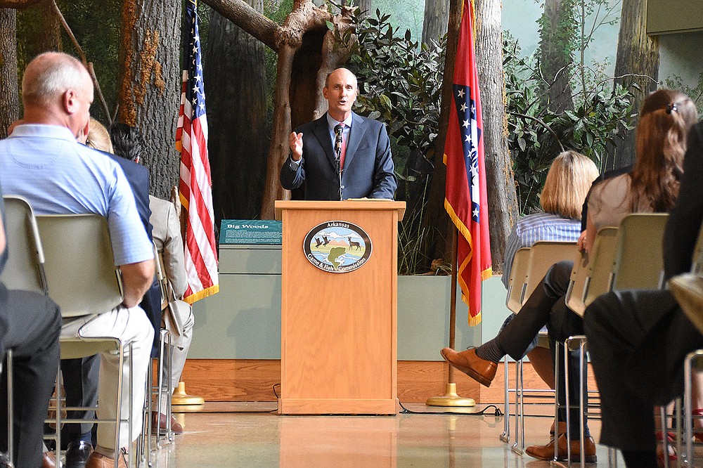 “I’ve been fortunate through the seasons of my life for Arkansas’ natural resources to remain a keystone of my existence,” Philip Tappan said Thursday after being announced as the new Arkansas Game and Fish commissioner. More photos at arkansasonline.com/72agfc/. (Arkansas Democrat-Gazette/Staci Vandagriff)