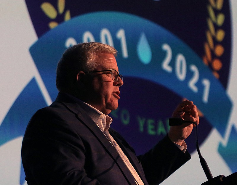 Central Arkansas Water CEO Tad Bohannon speaks during the utility’s 20th anniversary celebration Thursday, July 1, 2021, at the Ron Robinson Theater in Little Rock. (Arkansas Democrat-Gazette/Thomas Metthe)