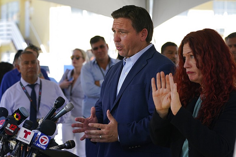 Florida Gov. Ron DeSantis speaks during a briefing near the Champlain Towers South condo building in Surfside, Fla., on Saturday, July 3, 2021. (AP/Lynne Sladky)