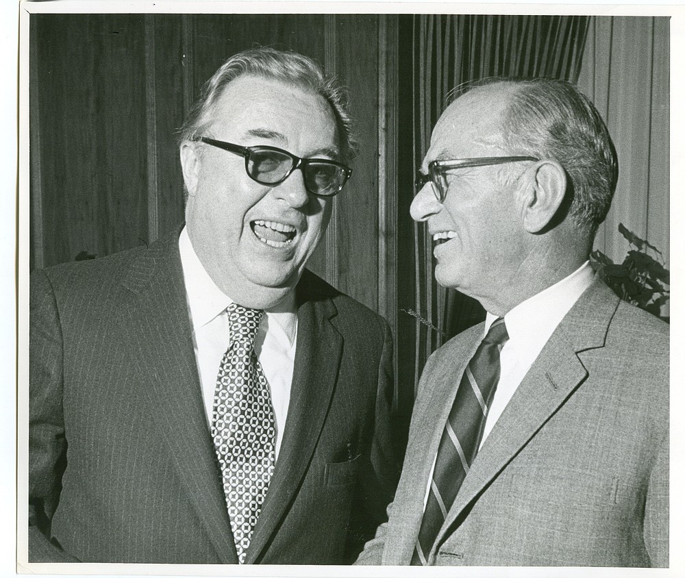 Harry Ashmore (left), editor of the Arkansas Gazette, who won a Pulitzer Prize for his editorials in 1957 on the school integration conflict in Little Rock, and J. William Fulbright share a laugh in November 1972.
(File photo by Steve Keesee)
